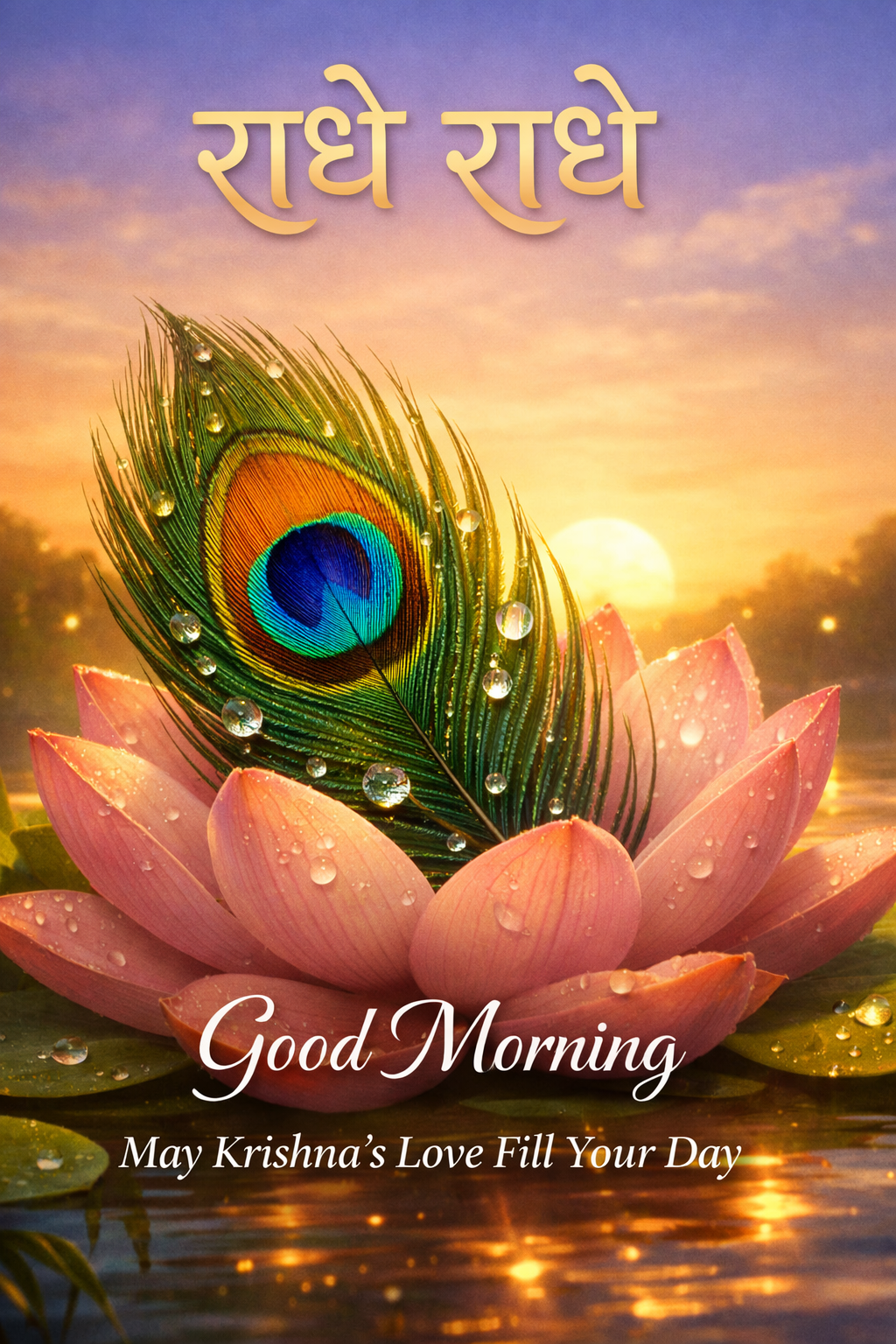 Good Morning Radhe Radhe peacock feather with morning dew on lotus flower and devotional text